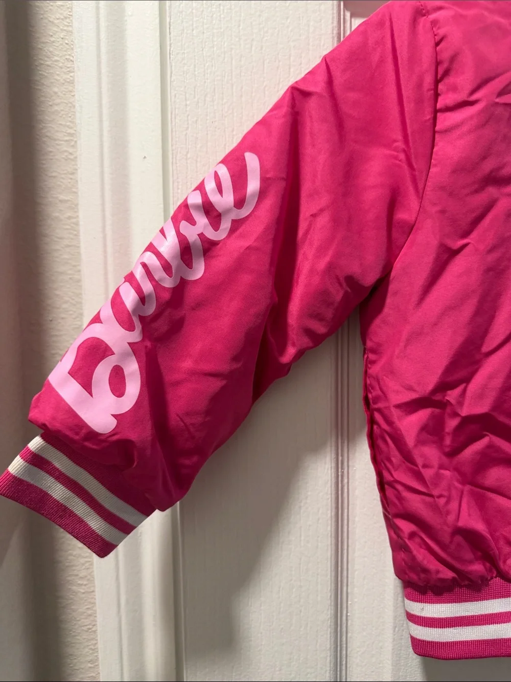Barbie Hot Pink Kids Puffer Jacket with Striped Trim Size 4-5